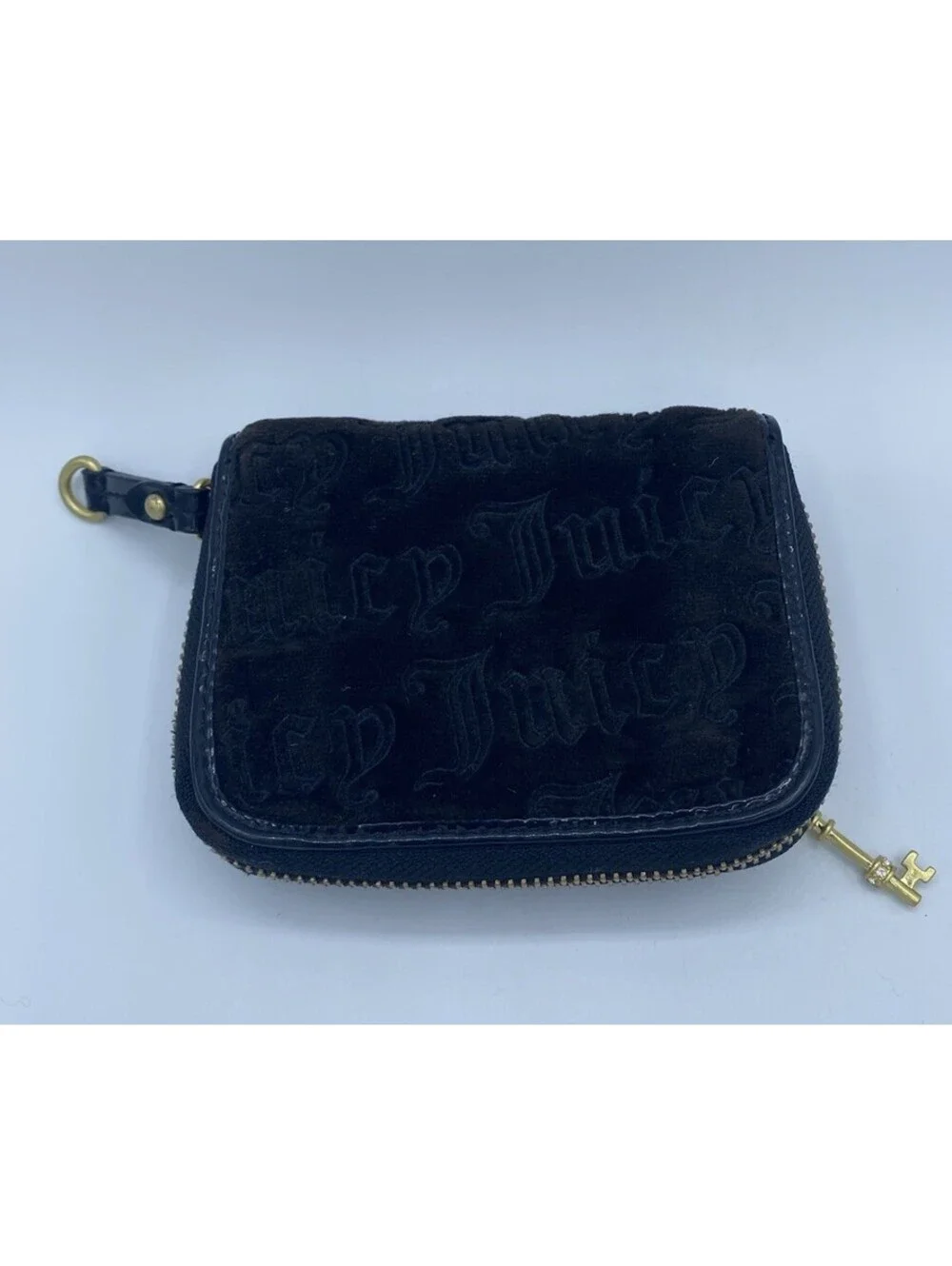 Juicy Couture Velour Wallet Black Pink Inside Logo Zip Card Holder Keychain Y2K